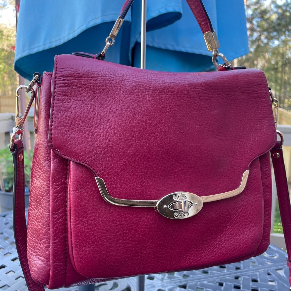 Coach Red Satchel with Textured Leather and Gold Clasp